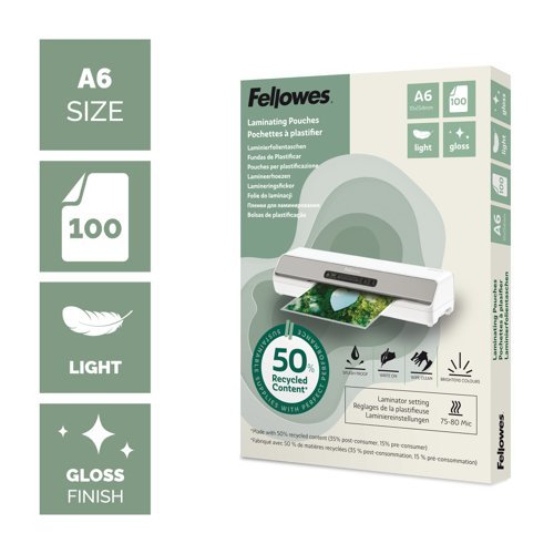 Fellowes Recycled A6 Laminating Pouches Gloss Light Duty Pack of 100