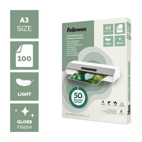 Fellowes Recycled A3 Laminating Pouches Gloss Light Duty Pack of 100