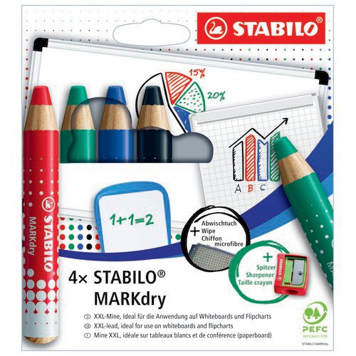 STABILO MARKdry Whiteboard Pencil Assorted pk 4 with Sharpener & Micro Fibre Cloth.  Drywipe Markers MK2201