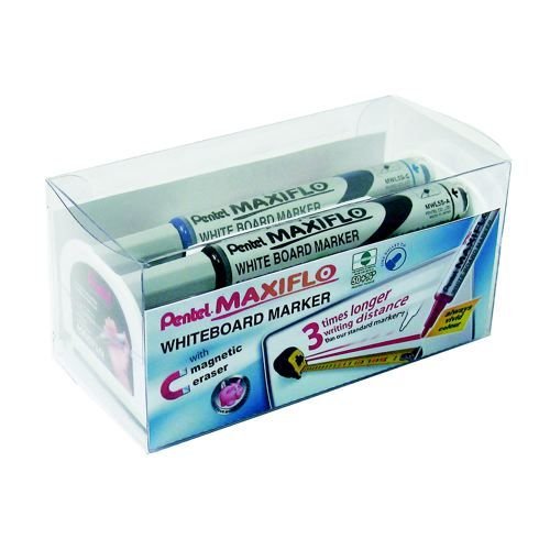 Pentel Maxiflo Whiteboard Marker Fine Bullet Tip Assorted Pack of 4 and Magnetic Eraser