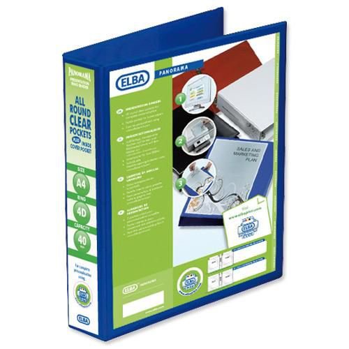 Elba PVC Panorama A4 4 D Ring Presentation Binder 40mm Capacity Blue