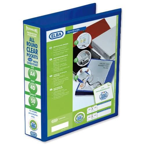 Elba PVC Panorama A4 4 D Ring Presentation Binder 50mm Capacity Blue