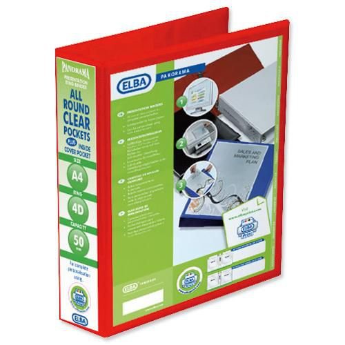 Elba PVC Panorama A4 4 D Ring Presentation Binder 50mm Capacity Red