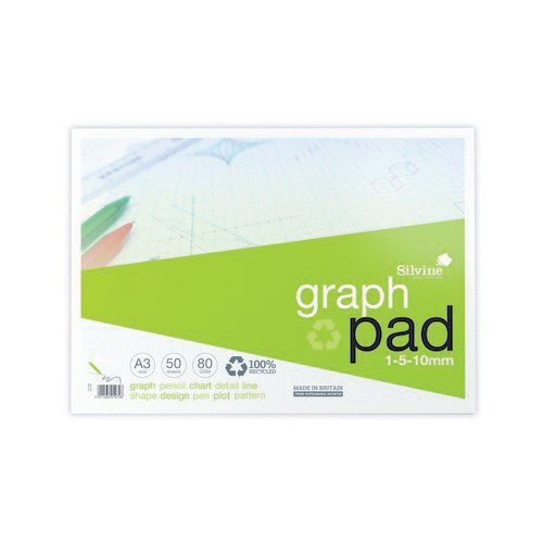 Silvine 100% Recycled Graph Pad A3 50 Sheets 80Gsm 1/5/10Mm Graph Paper PD1507