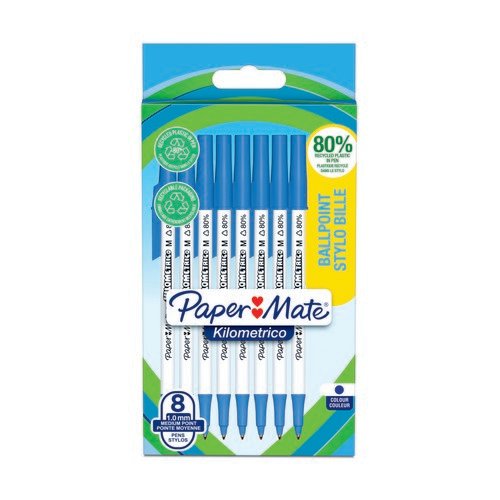 Paper Mate 2187679 Kilometrico Recycled Blue Ball Pen pack of 8 pens