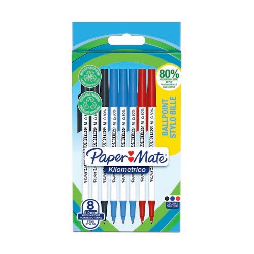 Paper Mate 2187680 Kilometrico Recycled Assorted Ball Pen pack of 8 pens