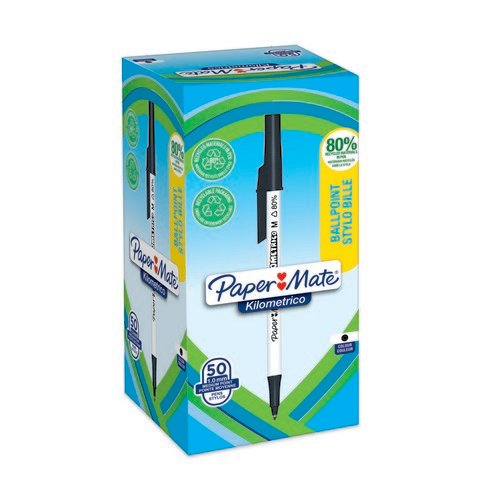 Paper Mate Kilometrico Ballpoint Pen Medium Point 1.0mm Black 80% recycled Plastic (Pack 50) 2187701
