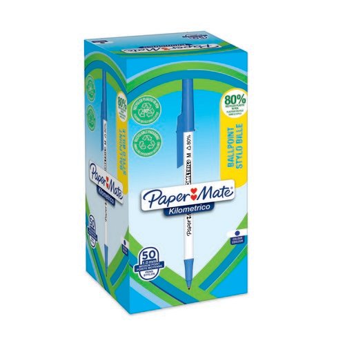 Paper Mate 2187702 Kilometrico Recycled Blue Ball Pen pack of 50 pens