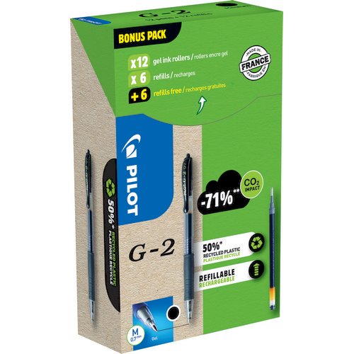 G-2 - Gel ink roller - Greenpack 12 Pens + 12 Refills - Black - Medium Tip