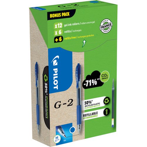 G-2 - Gel ink roller - Greenpack 12 Pens + 12 Refills - Blue  - Medium Tip 