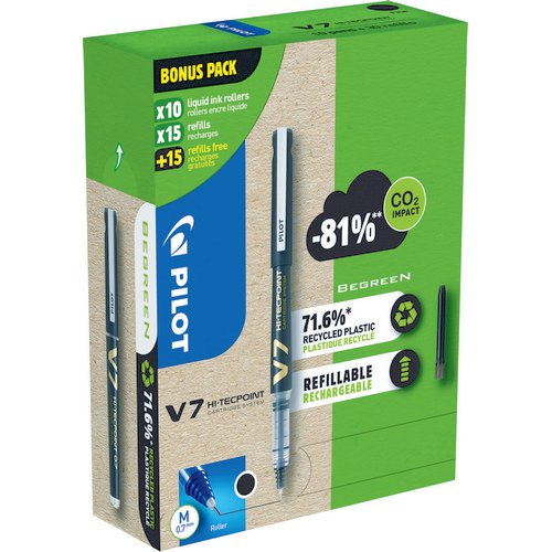 V7 Refillable- Liquid ink roller - Greenpack 10 Pens + 10 Sets of 3 Refills - Blue - Medium Tip