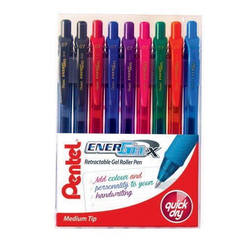 Pentel Energel X Retractable Gel Pen 0.7mm Assorted Pack 9
