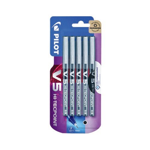 Pilot V5 Hi-Tecpoint Rollerball Pen Fine Black Blister Pack of 5