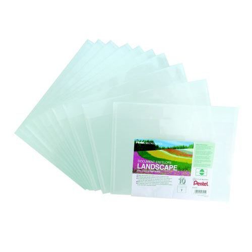 16867PE | Pentel Recycology Document Envelope. Landscape style A4 document envelope accepts documents up to 240 x 310mm. Made from stain and hunidity resistant polypropylene. More than 50% recycled content. Colour: Clear.