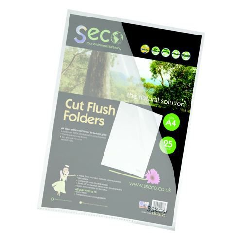 SECO ECO Biodegradable Cut Flush Folder A4 Clear Pack 25 Open 2 Side Folders PF1256