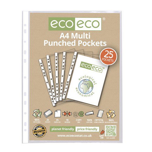 eco-eco A4 95% Recycled Clear Index Tabbed Premier Punched Pockets 1 x 12 