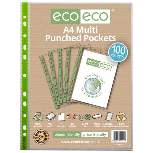 A4 100% Recycled Bag 100 65 Micron Multi Punched Pockets