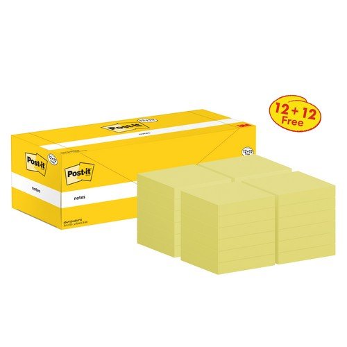Post-it Notes 76x76mm 100 Sheets Canary Yellow 12 + 12 FREE (Pack of 24) 654Y12+654Y12