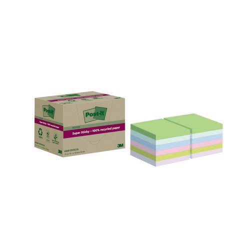 PostIt Super Sticky Recycle 76x76 Assorted Pack 12 Repositional Notes PI1303