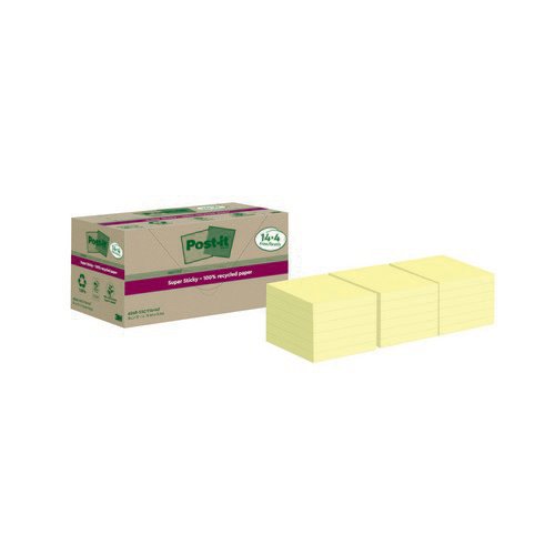PostIt Super Sticky Recycle 76x76 C/Yllw Pack 18 Repositional Notes PI1305