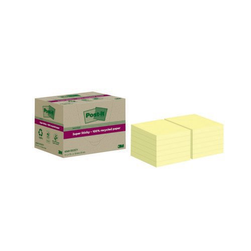 PostIt Super Sticky Recycle 76x76 C/Yllw Pack 12