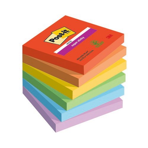 Post-It Super Sticky Notes 90 Sheets 76x76 Ast Pack of 6 654-6SS-PLAY