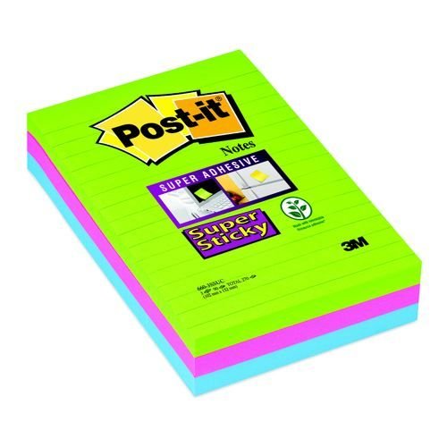 Post-It Notes 6x4 Super Sticky Ruled Ultra Assorted Pack 3