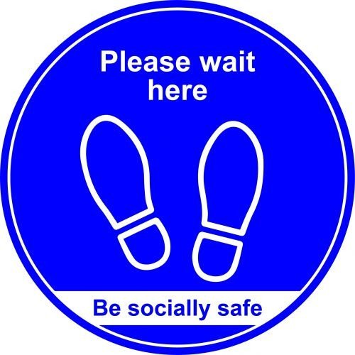 Blue Social Distancing Floor Graphic Please Wait Here (400mm dia.)