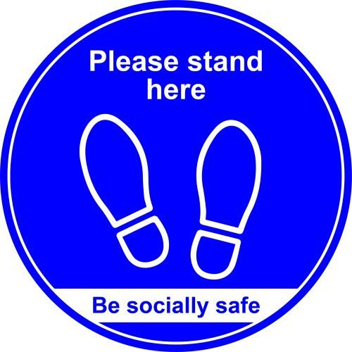 Blue Social Distancing Floor Graphic Please Stand Here (400mm dia.)