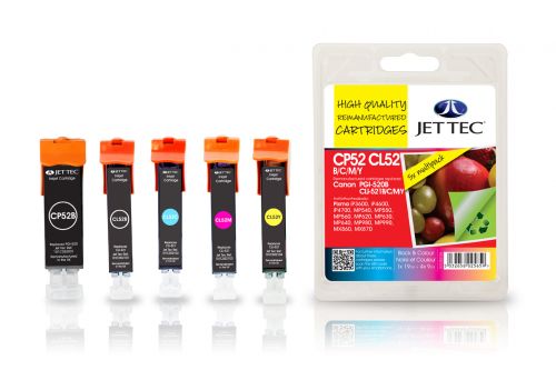 JET TEC Remanufactured Inkjet Cartridge Replaces Canon PGI-520 Black + CLI-521 Black/Cyan/Magenta/Yellow Multipack 