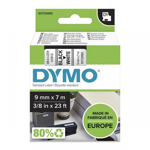 Dymo 40913 D1 9mm x 7m Black on White Tape