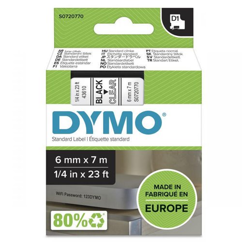 Dymo 43610 D1 6mm x 7m Black on Clear Tape | 10080J | Newell Brands