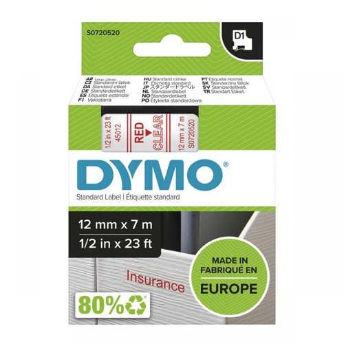 Dymo 45012 D1 12mm x 7m Red on Clear Tape