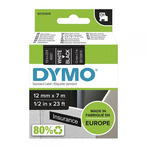 Dymo 45021 D1 12mm x 7m White on Black Tape