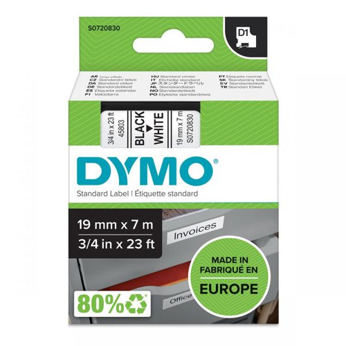 Dymo 45803 D1 19mm x 7m Black on White Tape