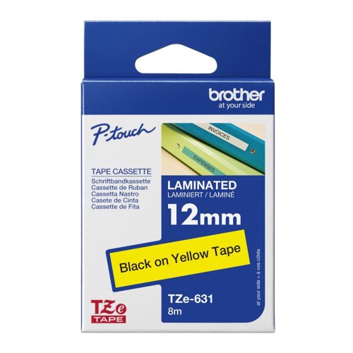 Brother TZE631 Black on Yellow 8M x 12mm Gloss Tape