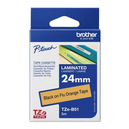 Brother TZEB51 Black on Orange  5M x 24mm Fluorescent Tape 14118J