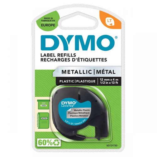 Dymo 91208 12mm x 4m Black On Metallic Silver Tape
