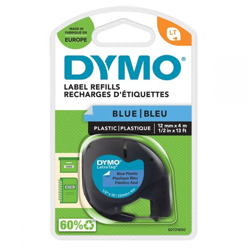 Dymo 91205 12mm x 4m Black On Blue Plastic Tape