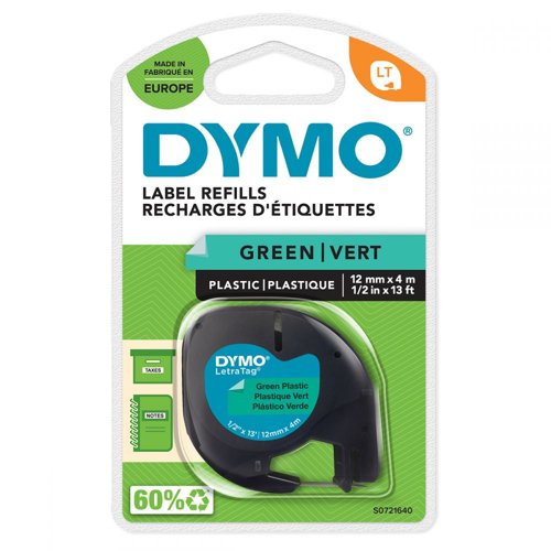 Dymo 91204 12mm x 4m Black On Green Plastic Tape