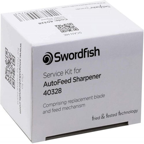 A service kit which includes a replacement blade and pencil feeder assembly for the Swordfish Autofeed pencil sharpener.