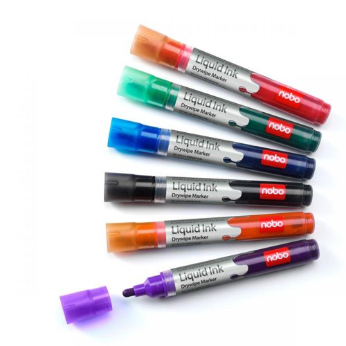 29072J - Nobo 1901077 Liquid Ink Drywipe Markers Pack of 6 Assorted Pens Bullet Tip