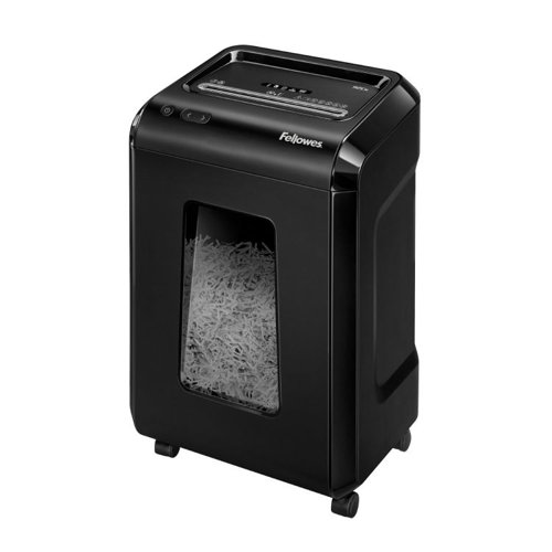 29850J | An essential shredder for maximum document security, the Fellowes 92CS model will cut an A4 sheet into over 410 individual tiny pieces. It is designed to shred up to 18 A4 sheets at a time so you won’t have to spend ages feeding the sheets through one by one. The cross-cut capabilities allow the shredder to cut not only paper but it can also cut credit cards, paper clips, staples and even CD's. Don't worry about having to shred extensively as this Fellowes shredder has an extended run time of 30 minutes.To prevent access to documents whilst shredding is in progress, the Fellowes safety lock system disables the shredder to prevent it being activated accidentally. Not only this but the built-in SafeSense technology stops the shredder working when hands touch the opening. The 92CS also has a generous 25 litre pull-out waste bin that can hold up to 250 sheets of paper.Conforms to DIN level P-4* Using 70gsm weight paper
