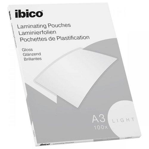 The Ibico laminating pouches come in different thickness and sizes and all provide a professional, gloss surface finish to your documents allowing them to look well presented and to ensure they stay cleaner for longer.The Ibico Light laminating pouches come in a pack of 100, A3 size laminating pouches. The low weight makes the Ibico Light laminating pouches ideal to protect and enhance valuable presentation pages, reference lists, product sheets and notices or to give a glossy, professional look to any document. The Ibico Light A3 pouches are compatible with all A3 laminators.(65 Micron - Set your machine to 75/80 Micron)