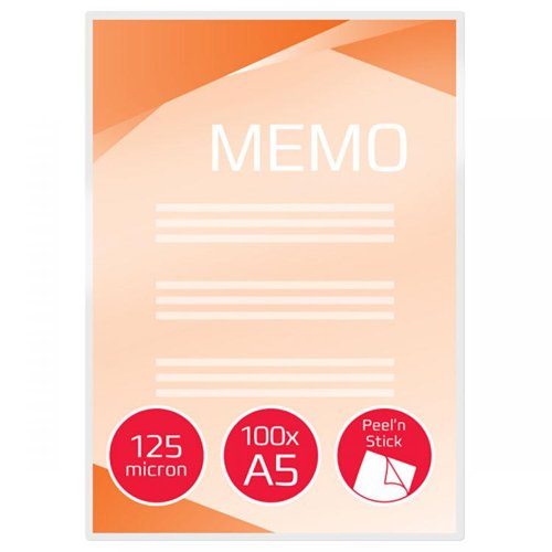 Peel n’ Stick Laminating Pouches are ideal for creating an instant, professional and eye-catching signs. The adhesive back sticks to most materials including glass, metal and board. Simply peel off the backing paper to uncover the self-adhesive layer.125-micron gloss pouches.A5 format.Pack size: 100.