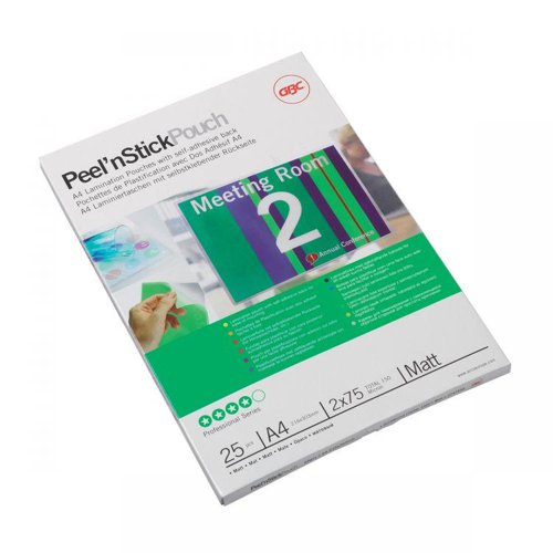 *** CLEARANCE ITEM - LIMITED STOCK AVAILABILITY AT THIS PRICE ***Peel n’ Stick Laminating Pouches are ideal for creating an instant, professional and eye-catching signs. The adhesive back sticks to most materials including glass, metal and board. Simply peel off the backing paper to uncover the self-adhesive layer.75-micron matt pouches.A4 format.Pack size: 25.