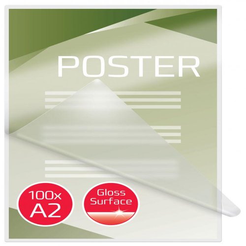 Laminating pouches are a convenient, everyday solution to protect and enhance valuable presentation pages, reference lists, product sheets, notices, photographs and certificates.80 Micron Gloss.A2 format.Pack size: 100.