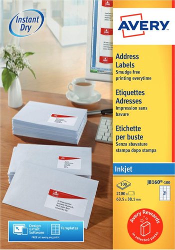 Avery J8160-100 QuickDry Address Labels 100 sheets - 21 Labels per Sheet