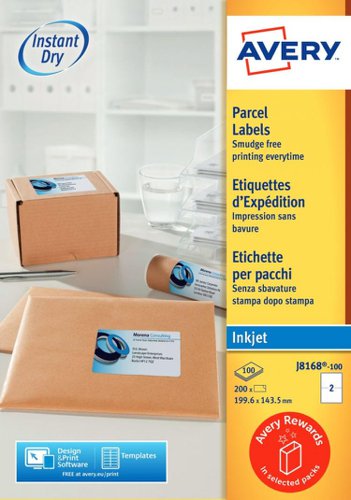 32557J - Avery J8168-100 Parcel Labels 100 sheets - 2 Labels per Sheet