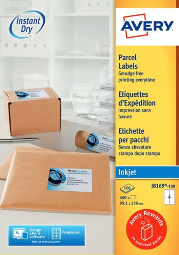 32558J - Avery J8169-100 Parcel Labels 100 sheets - 4 Labels per Sheet
